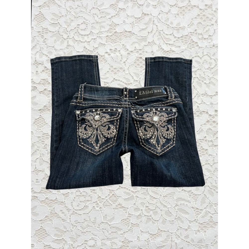 vintage cyber y2k contrast stitch fleur de lis embellished low rise capris